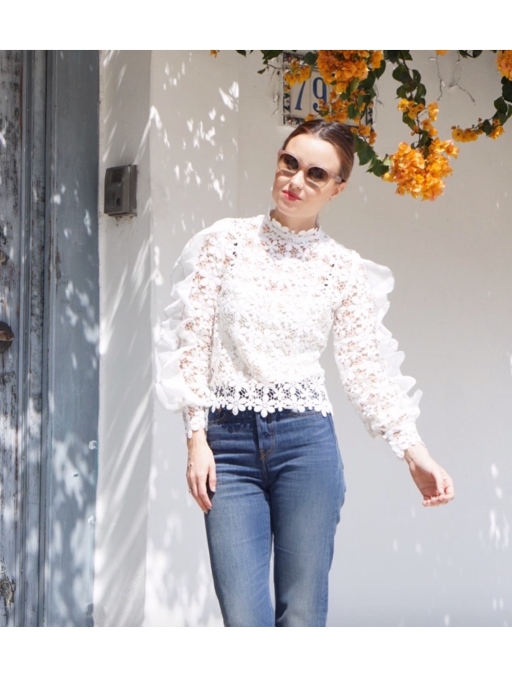 SELF-PORTRAIT Flower Lace Flounced Sleeve Blouse Sz 6